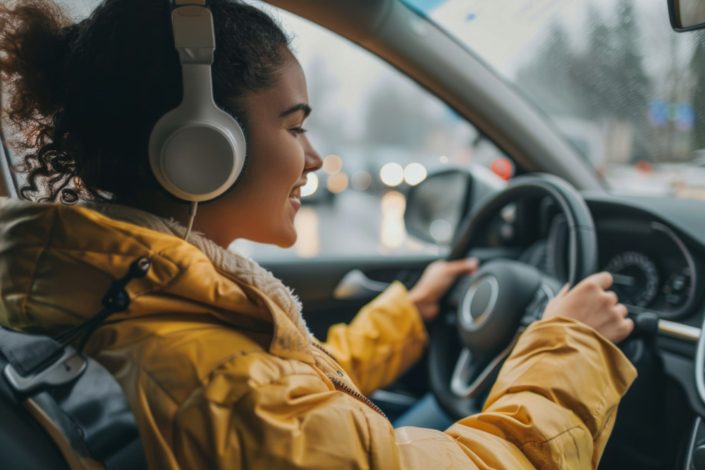 Woman driving car while enjoying music through headphones