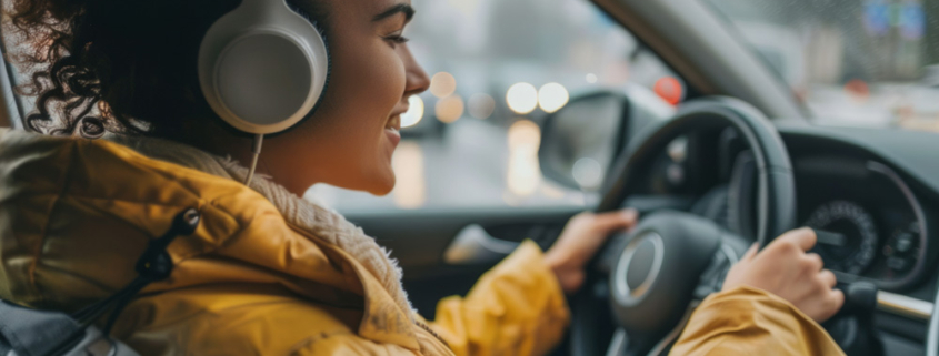 Woman driving car while enjoying music through headphones