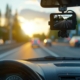 Modern dashboard camera mounted in car, view of road during driving