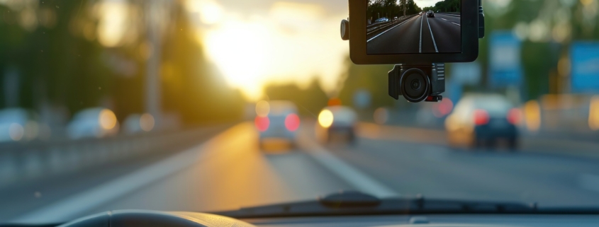 Modern dashboard camera mounted in car, view of road during driving