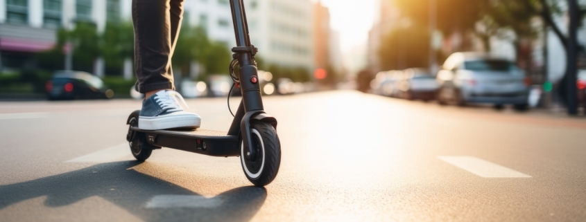 a closeup photo of a person driving eco friendly e-scooter in the middle of a urban city street.