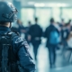 Police officer in tactical gear monitors a classroom, ensuring safety during a school emergency.