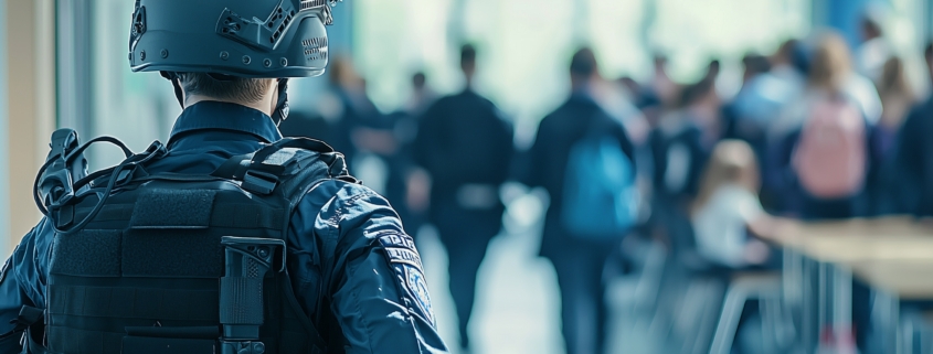 Police officer in tactical gear monitors a classroom, ensuring safety during a school emergency.