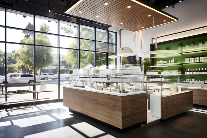 cannabis dispensary with product display and modern clean architecture